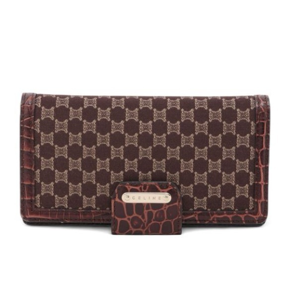 Celine Vintage Brown Monogram 1990-2000 Macadam-pattern Wallet with Croc Trim